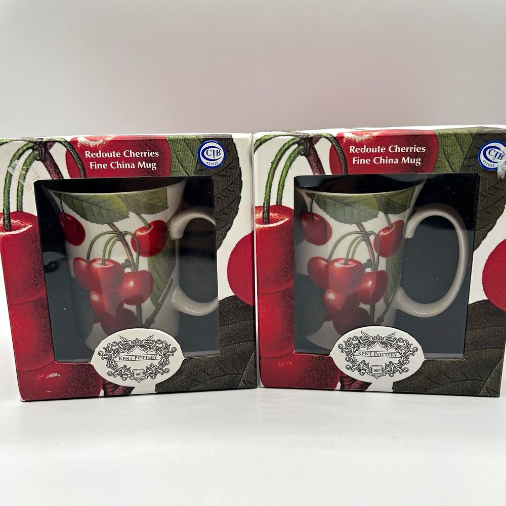 Kent Pottery Redoute Cherries Fine China Mug Set of 2 White 12 fl oz farmhouse